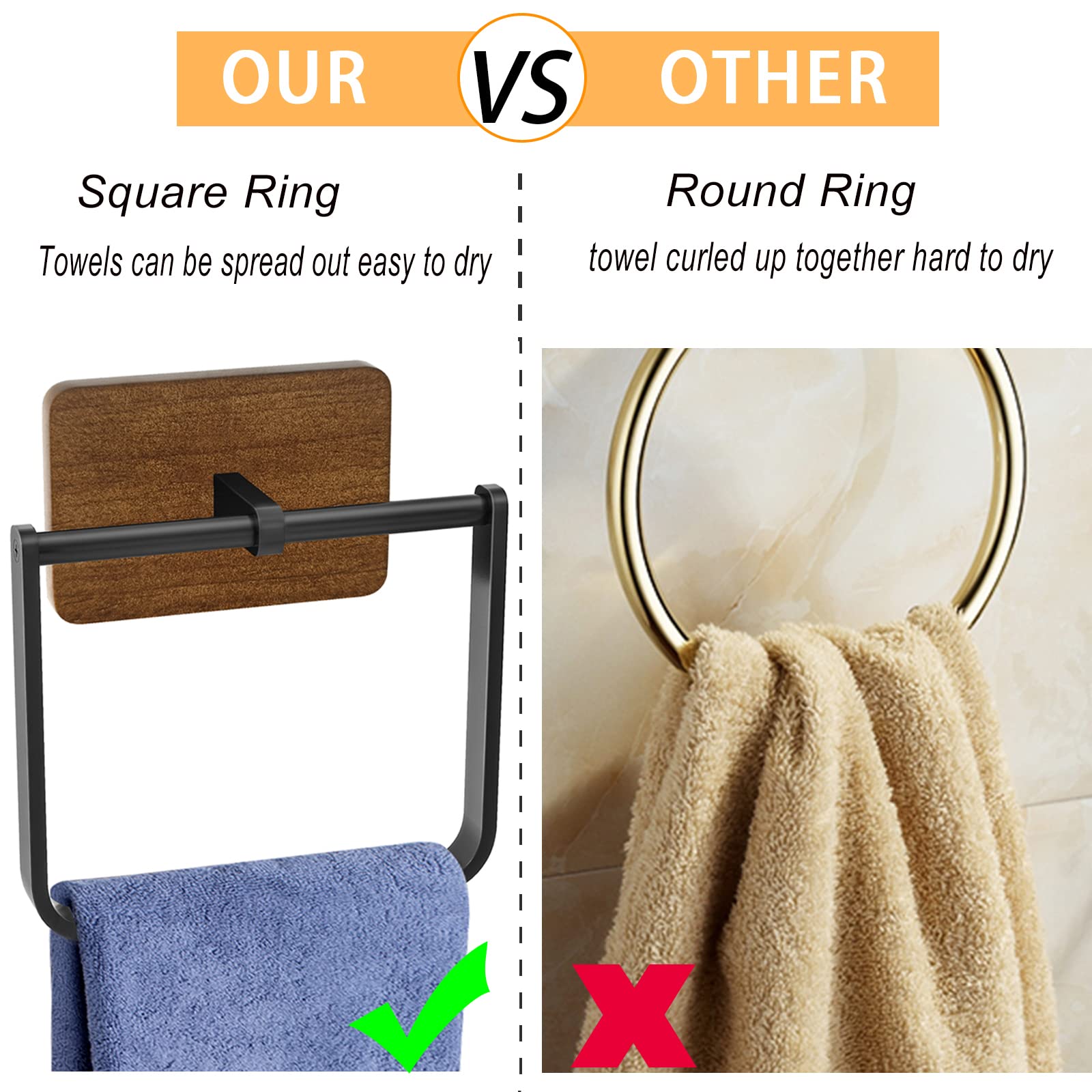 Doku 2Pack Square Towel Ring, Hand Towel Holder For Bathroom, Towel Rack Hanger For Kitchen Wall Mount Heavy Duty Storage, Black